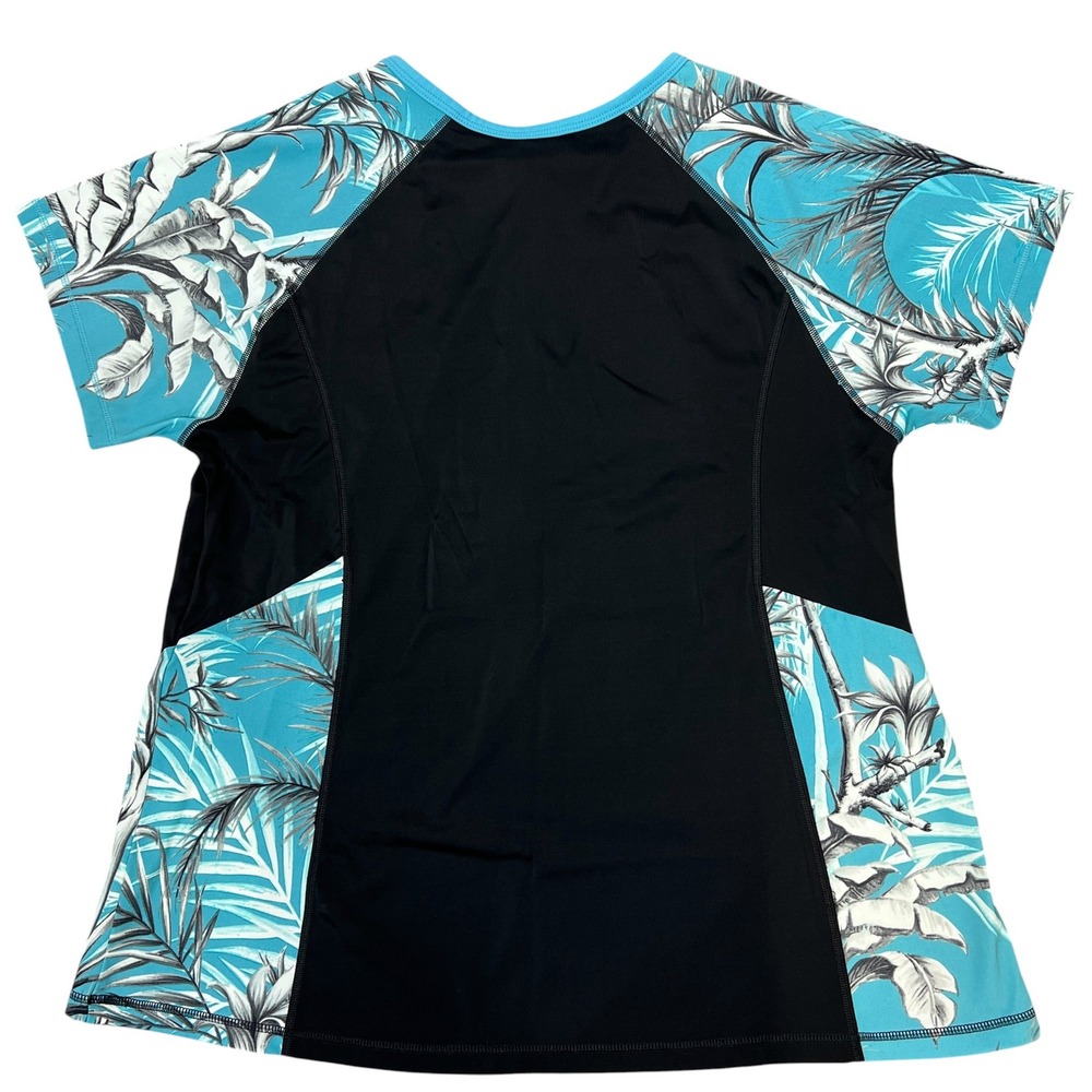Swim by Cacique Rash Guard 20 Black Turquoise Tropical Palm Half-Zip Swim Top - Picture 2 of 8